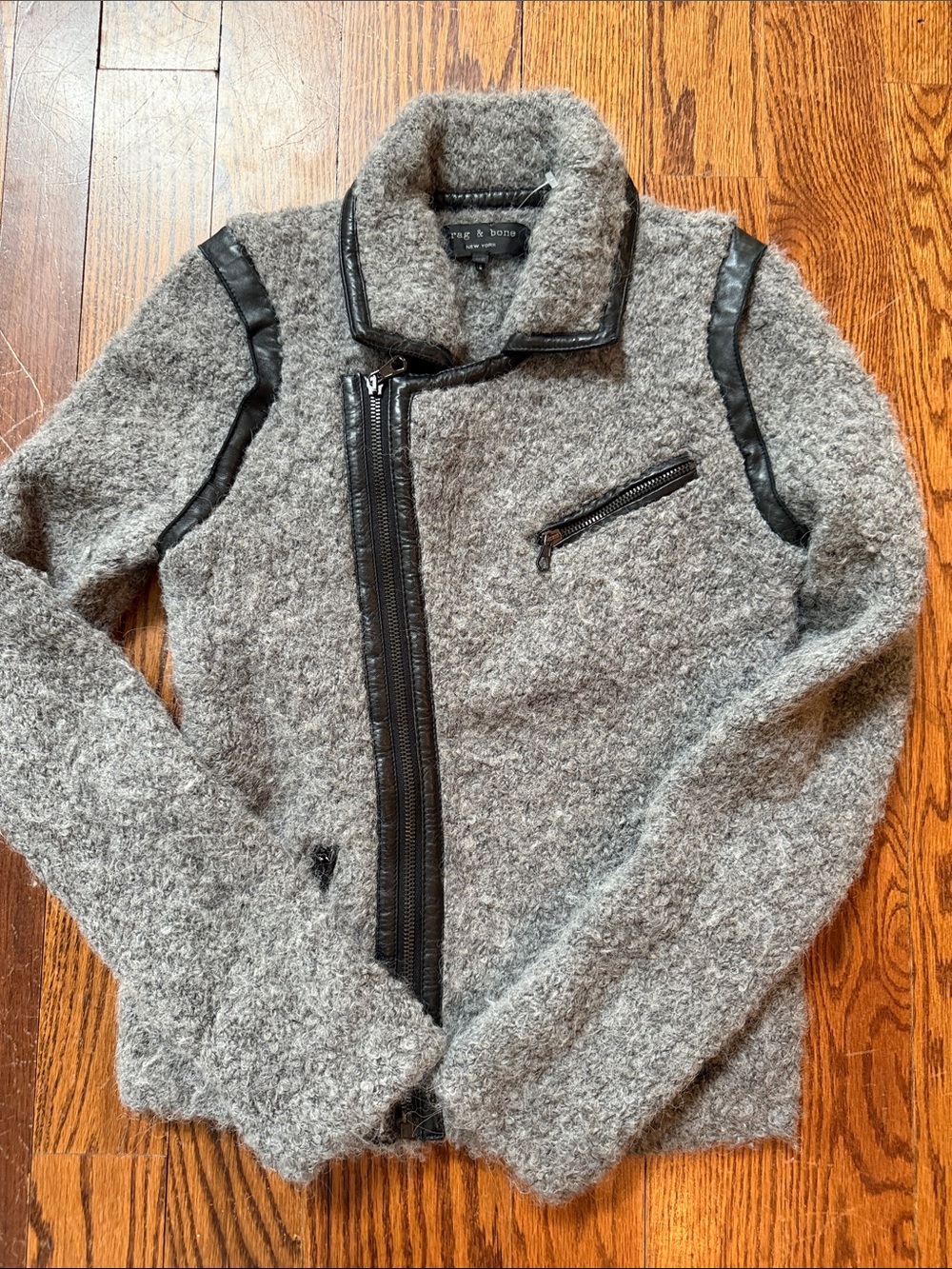 rag & bone Gray Textured Wool-Blend Moto Jacket with Black leather Trim